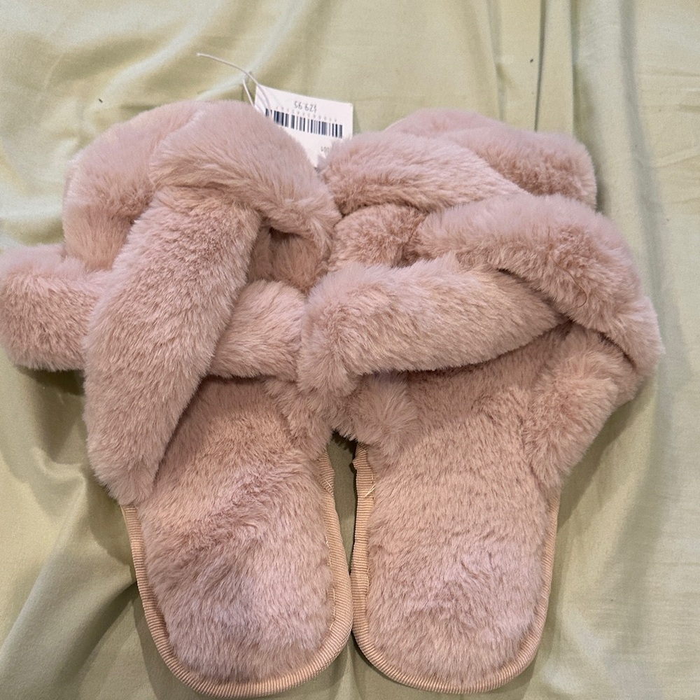 Altar'd State Blush Pink Fuzzy Crisscross Slide Slippers